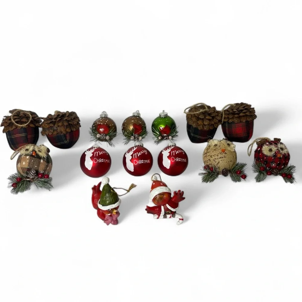 Rustic Farmhouse‎ Cottage 15 Plaid Pinecones Owls  Birds Christmas Ornaments